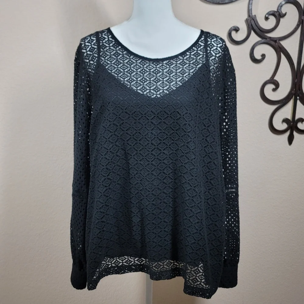 Banana Republic Lace Eyelet Top Women Black Geometric Long Sleeve Back Zip XXL